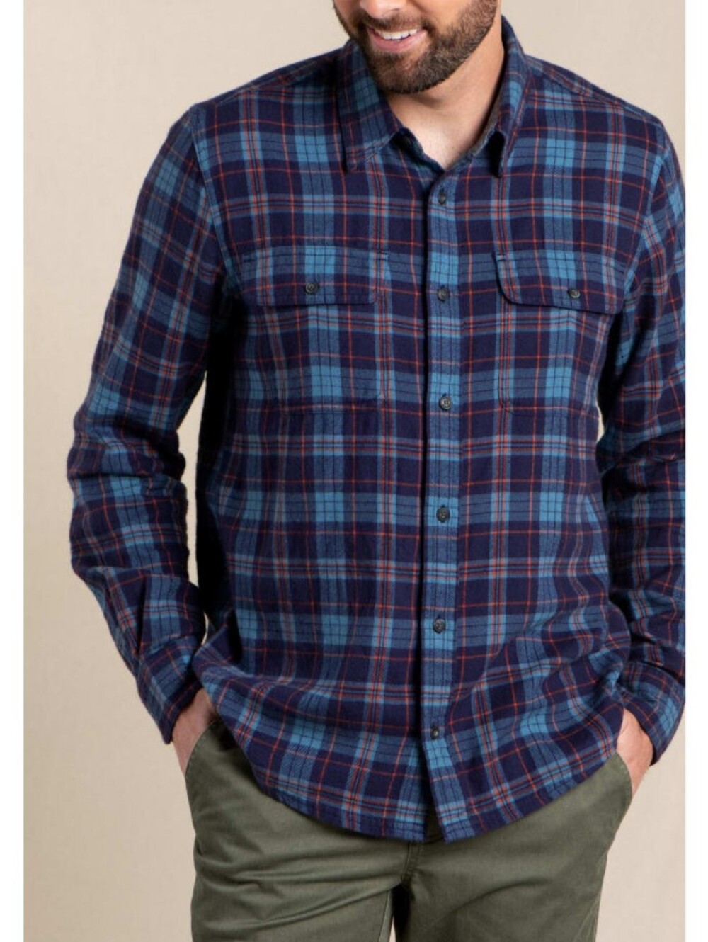 Toad & Co Men's Indigo Blue & Red Plaid Flannel Long Sleeve Button Down Shirt